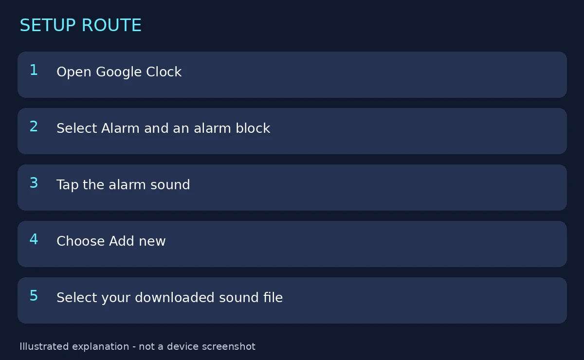Illustrated route for adding a downloaded alarm sound