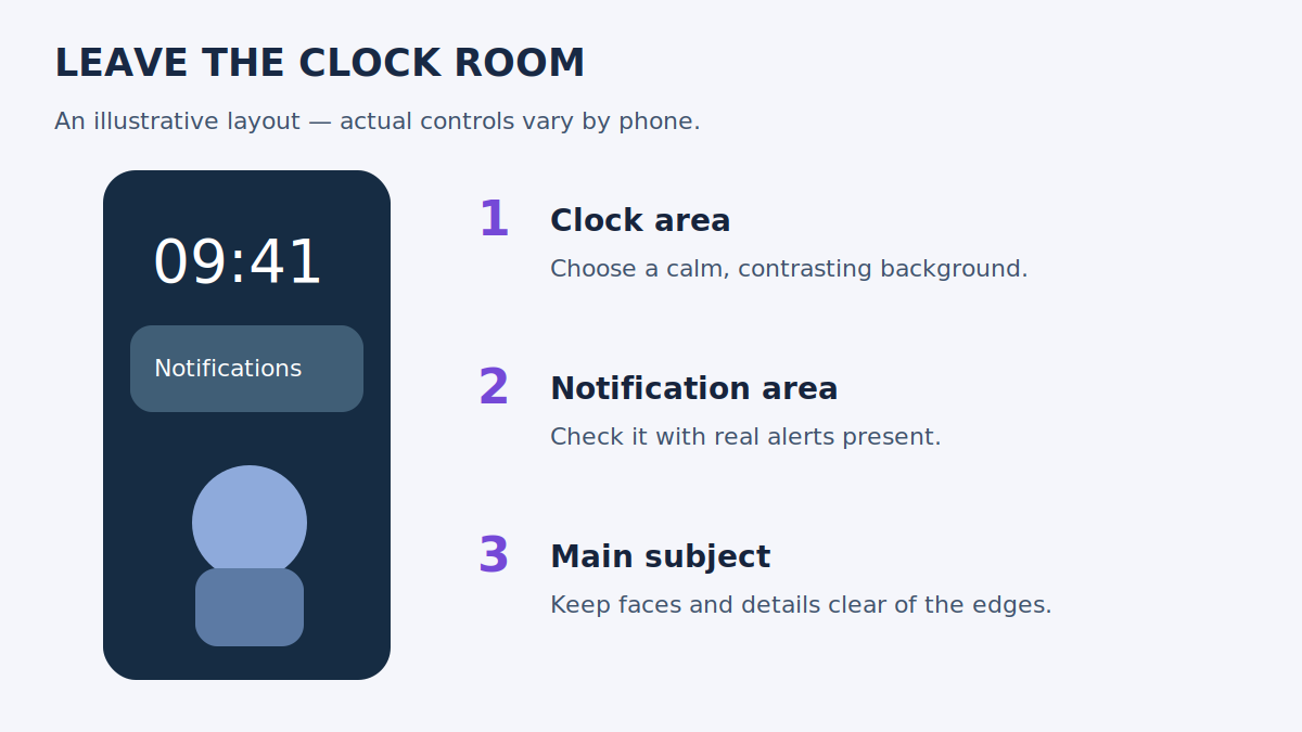 Illustrated lock screen showing space for a clock, subject and notifications