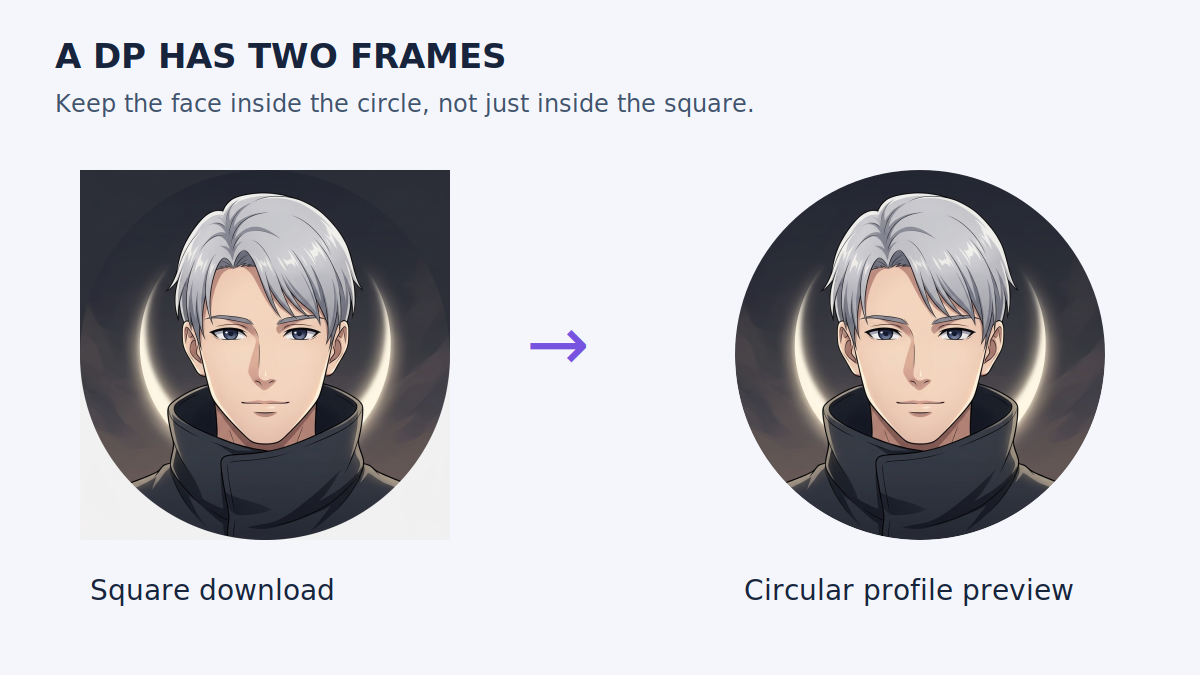 Illustrated square-to-circle profile crop, with a safe area for the face