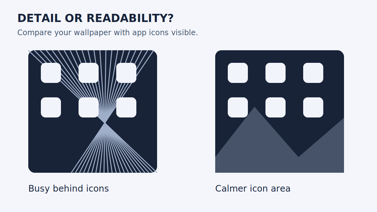 Illustrated monochrome comparison: busy lines behind icons versus a calmer area
