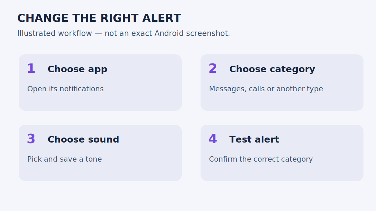 Illustrated setup route: choose app, choose notification category, choose sound, test alert