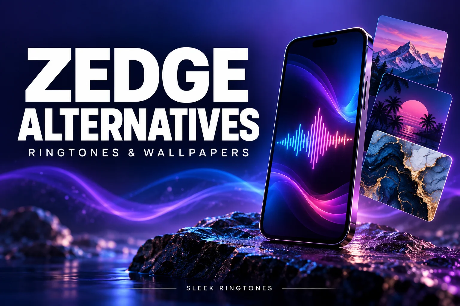 Zedge alternatives guide with a phone, audio waveform and wallpaper cards