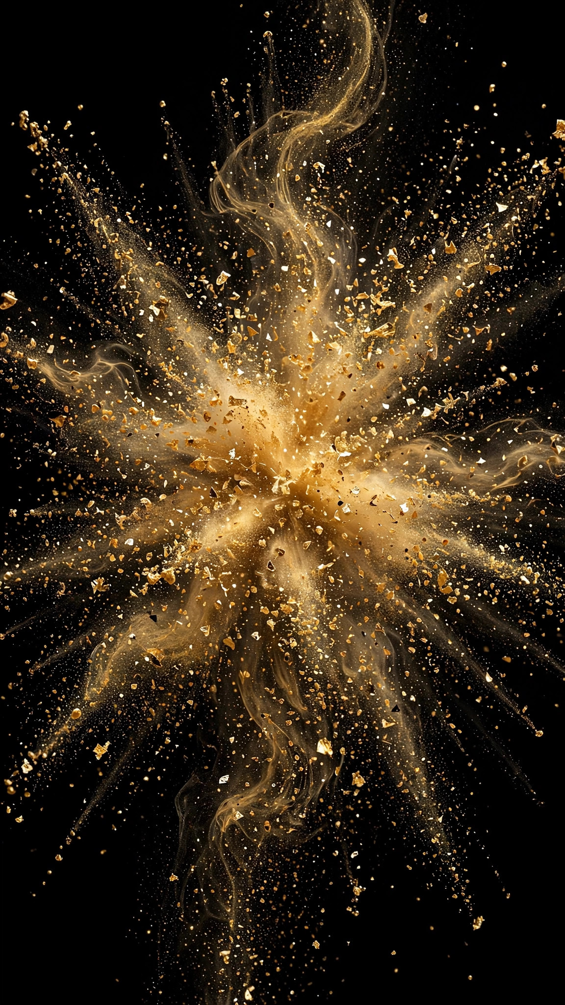 Explosion of tiny golden particles frozen mid-burst on a pure black background