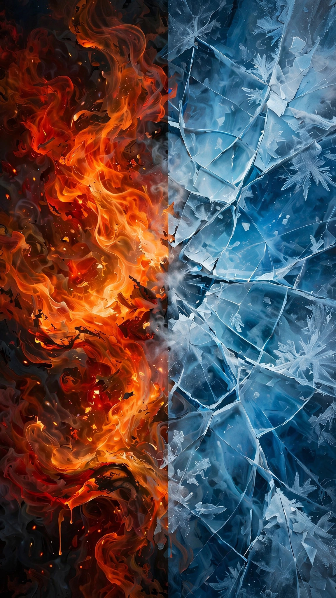 A portrait wallpaper split down the middle between roaring fire and cracking blue ice, dramatic elemental contrast.