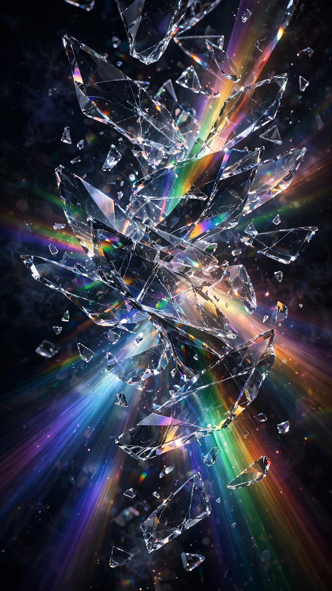 Shattered prismatic glass shards refracting rainbow light beams