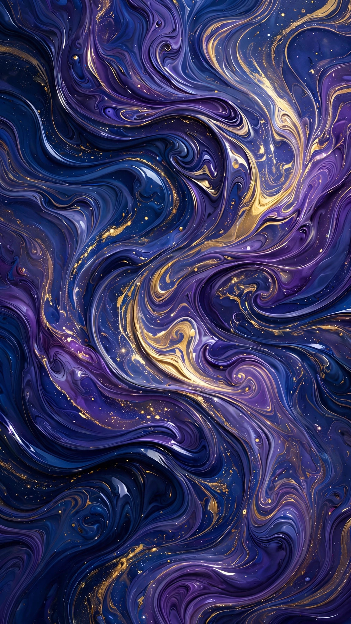 Swirling galaxy marble paint in deep blues purples and gold