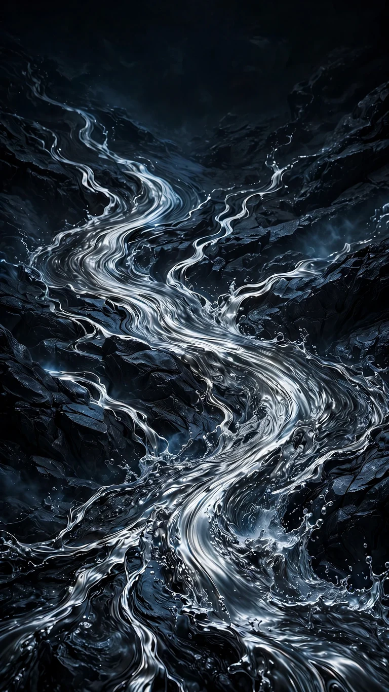 liquid silver rivers flowing on black wallpaper