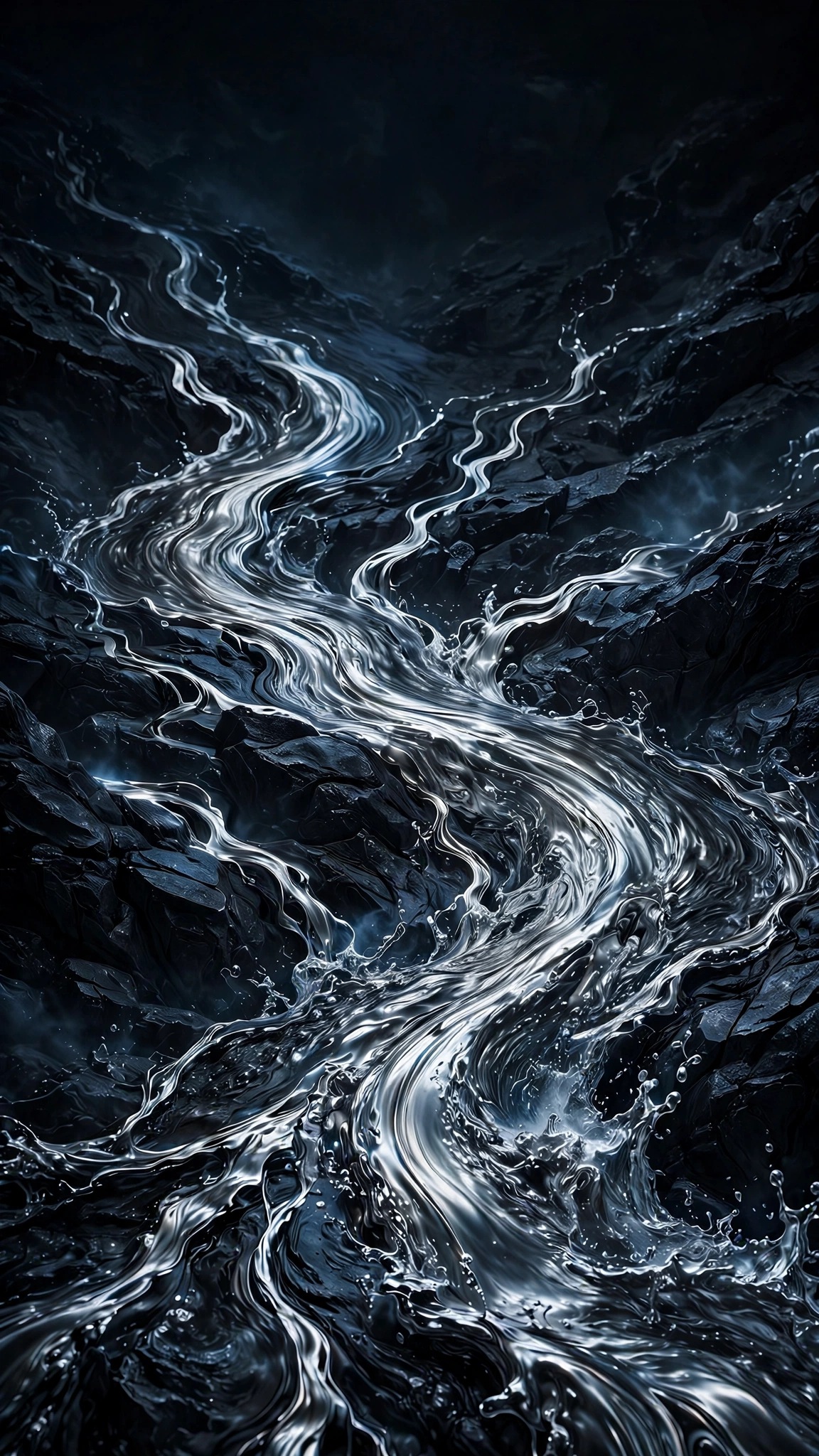 liquid silver rivers flowing on black wallpaper