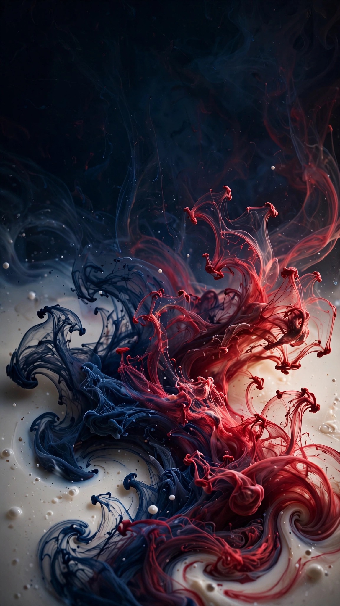Navy and crimson ink blooming in white milk