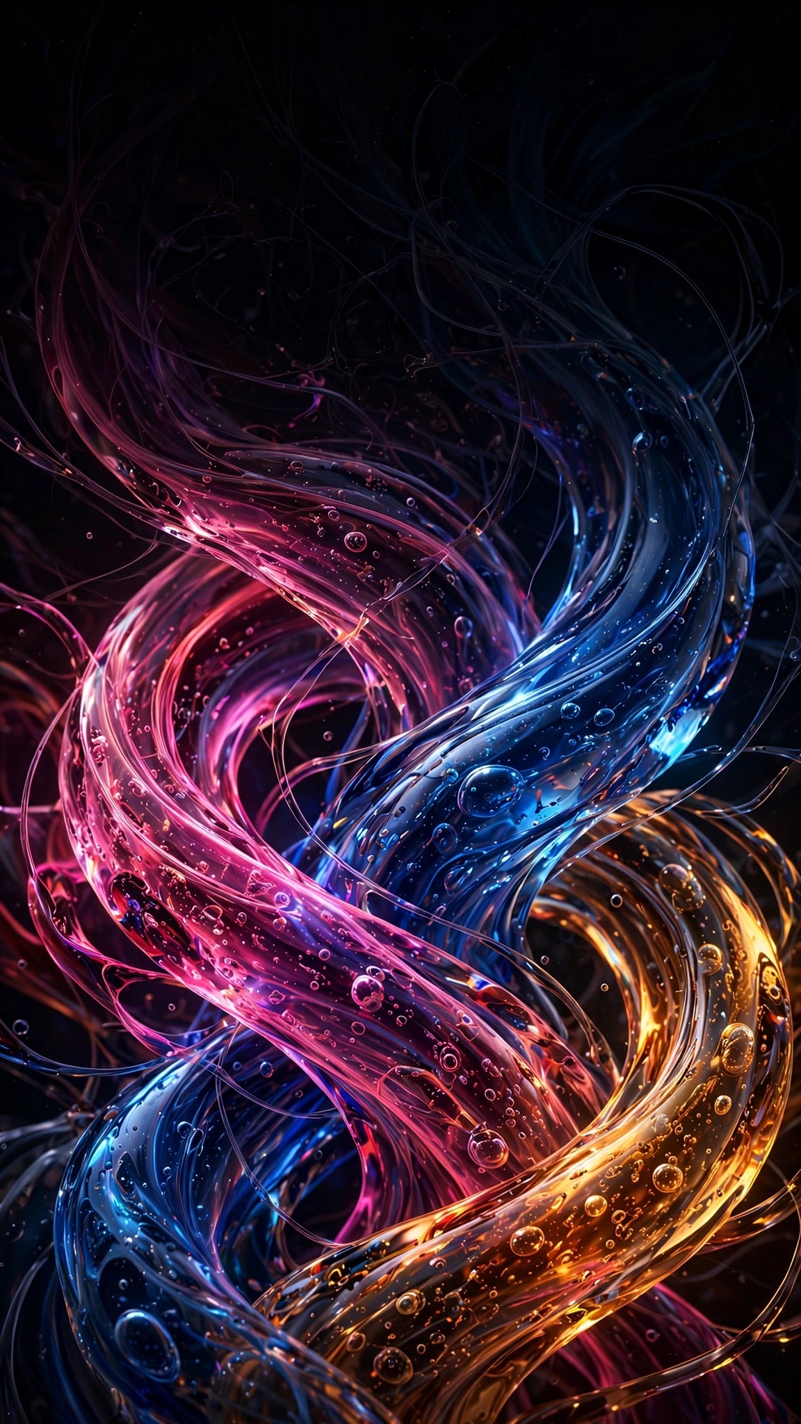 Twisting ribbons of glowing magenta cobalt and amber glass