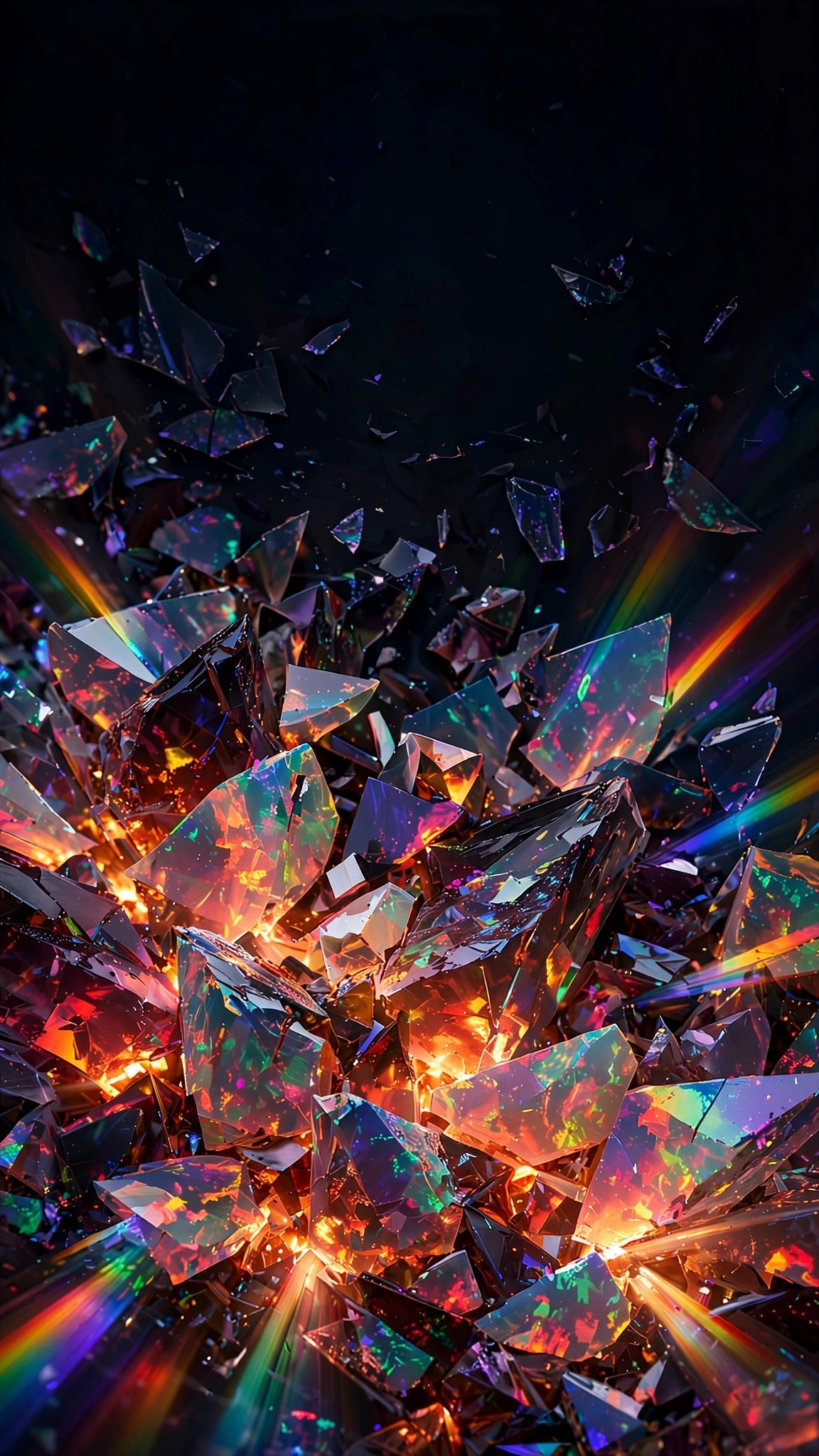 Opal crystal shards refracting rainbow light on black