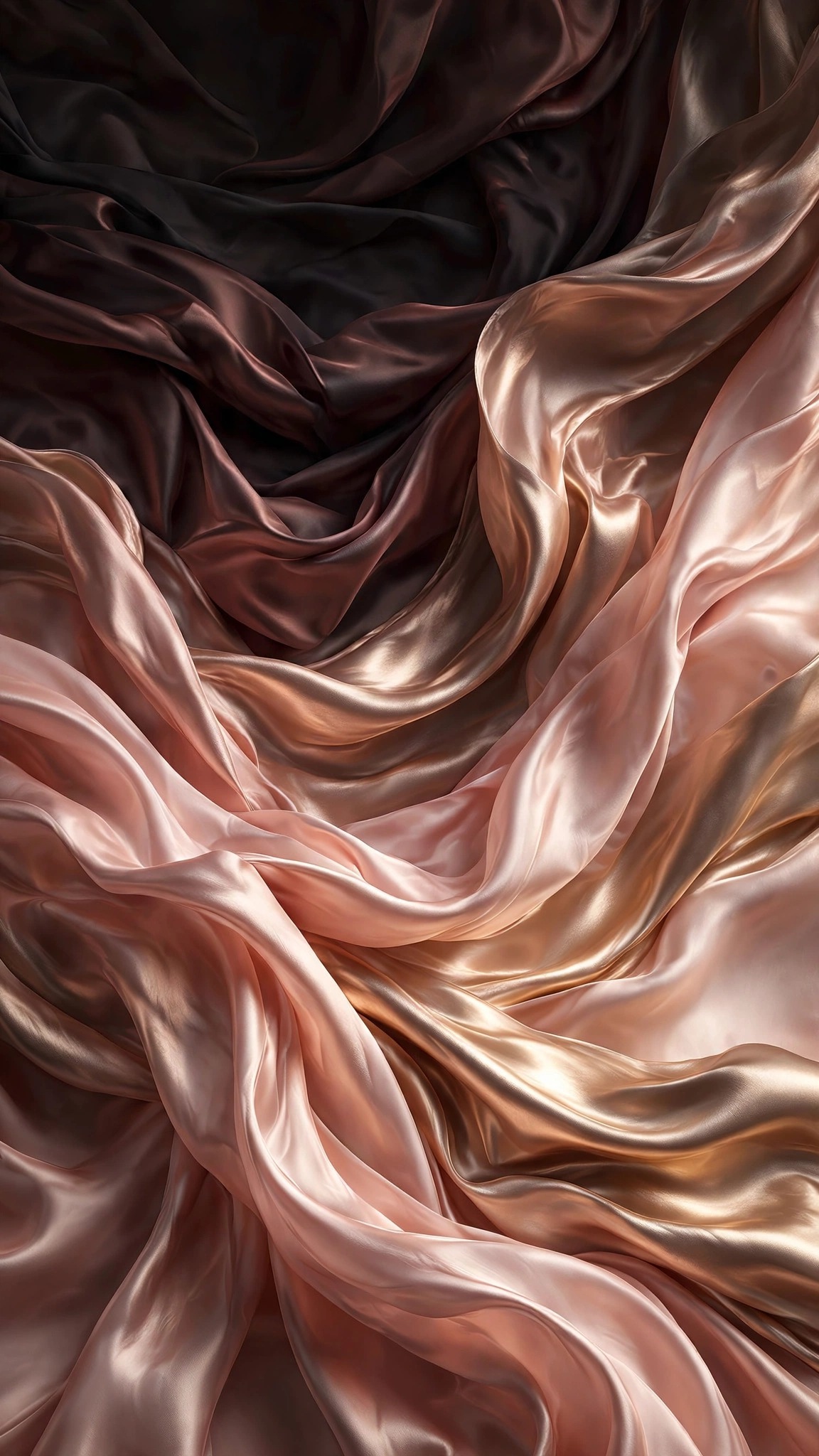 Flowing rose gold silk fabric waves with soft light