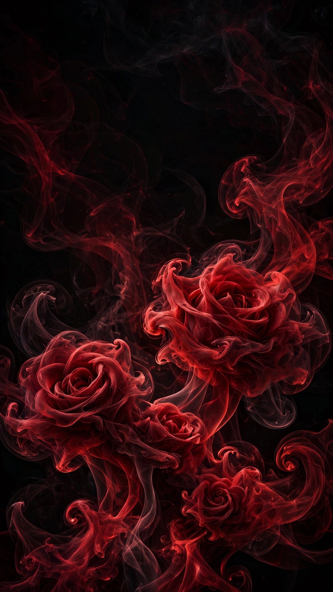Crimson smoke blooms unfurling like roses against black, abstract wallpaper