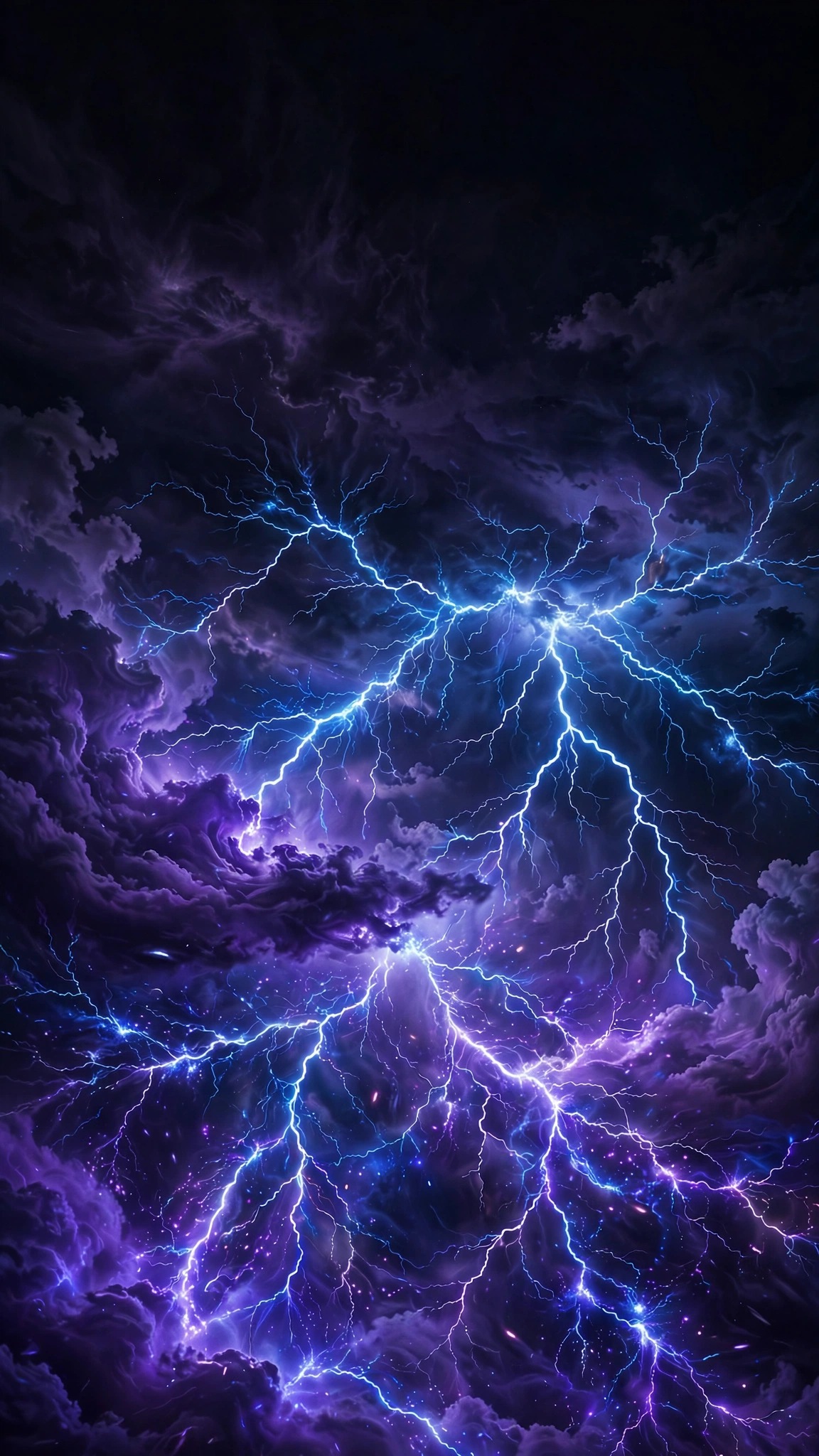 Electric-blue lightning branches fracturing across a storm-black sky, abstract wallpaper