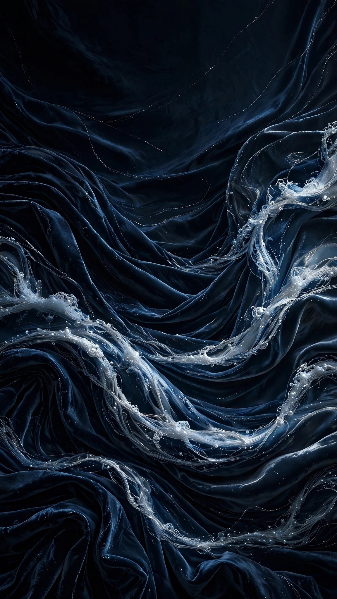 Midnight velvet waves with silver foam threads and moonlit sheen, abstract wallpaper