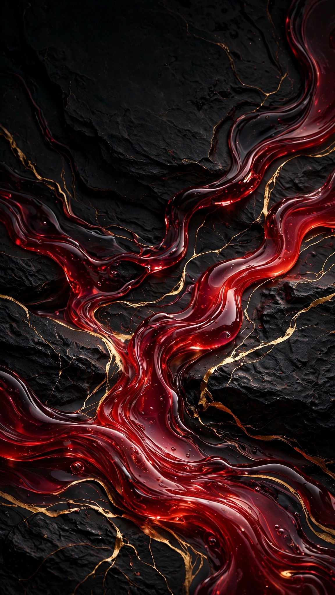 Molten ruby-red glass rivers with gold veins flowing across black stone, abstract wallpaper