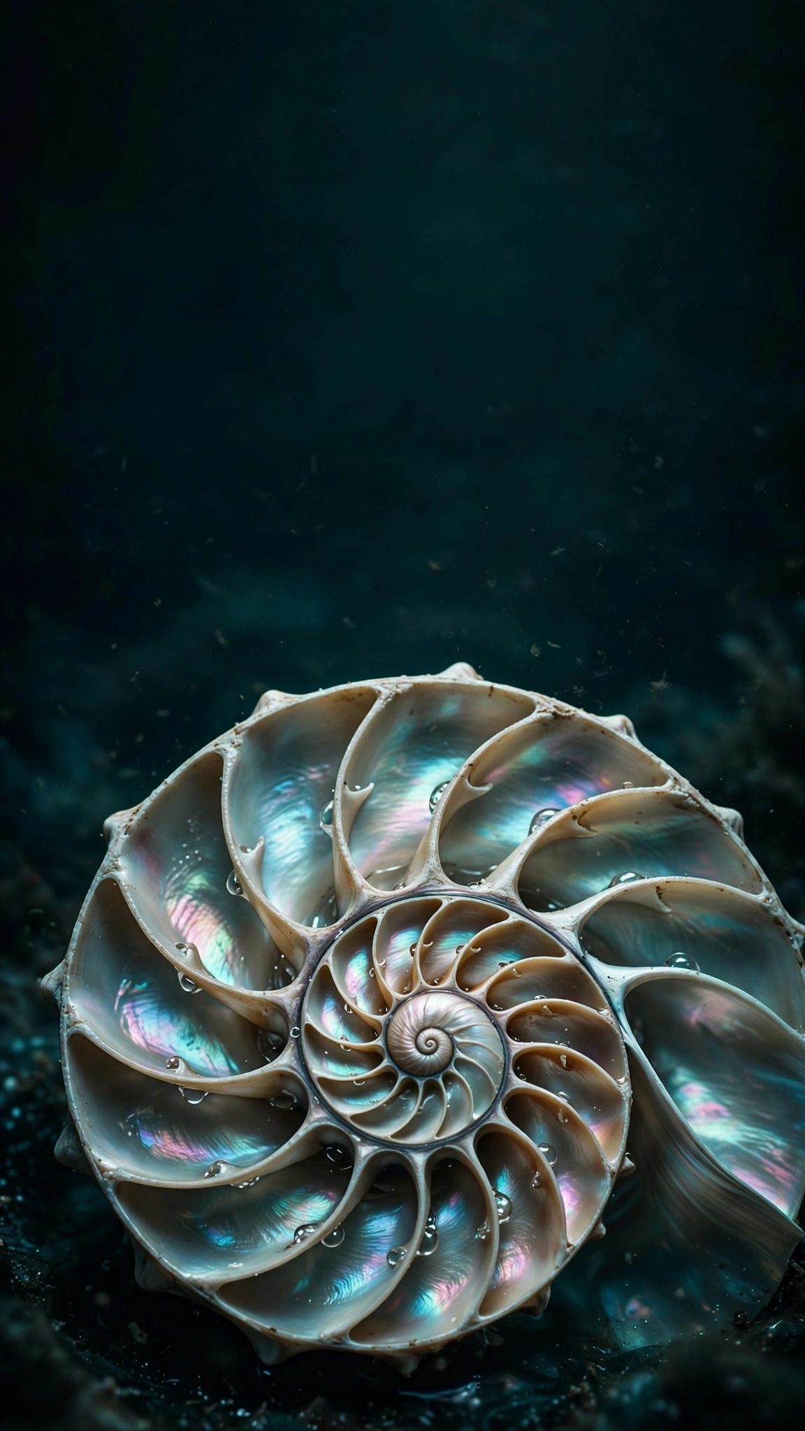 Pearl nautilus spiral shell in macro with pearlescent chambers and deep teal shadows, abstract wallpaper