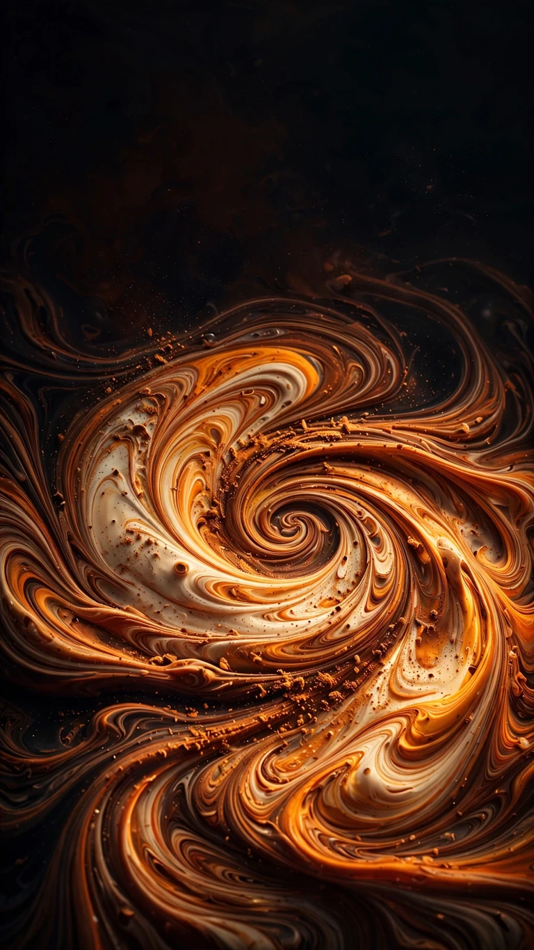 Pumpkin-spice spiral of orange, cinnamon and cream swirls on a dark backdrop, abstract wallpaper