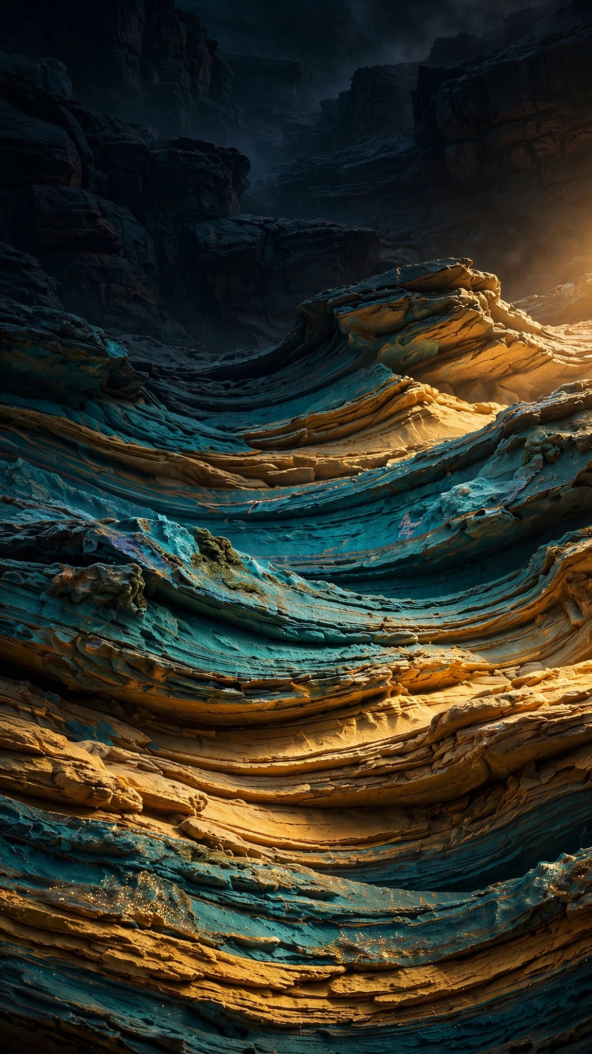 Teal and gold canyon rock strata bands with deep shadows and warm highlights, abstract wallpaper
