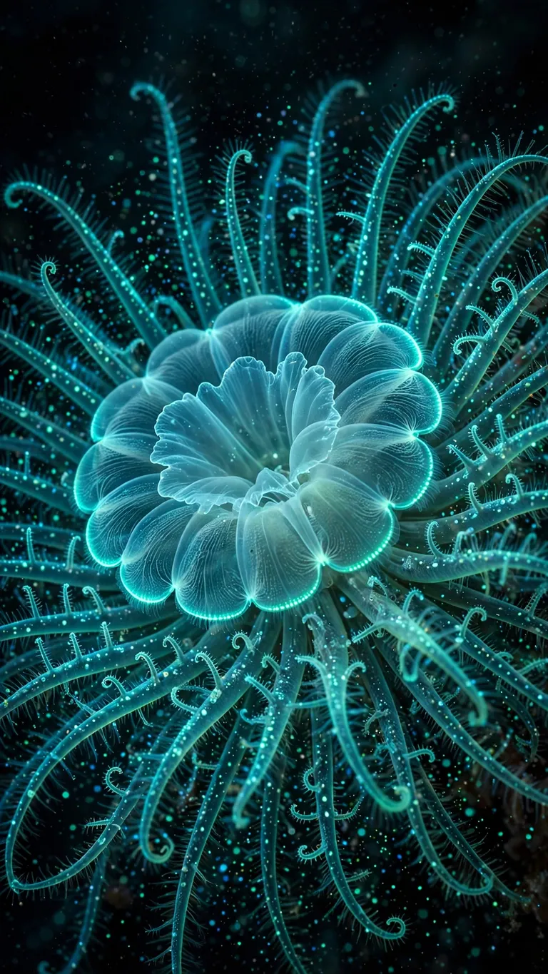 Glowing blue-green bioluminescent bloom radiating tentacles in black water, vertical abstract wallpaper