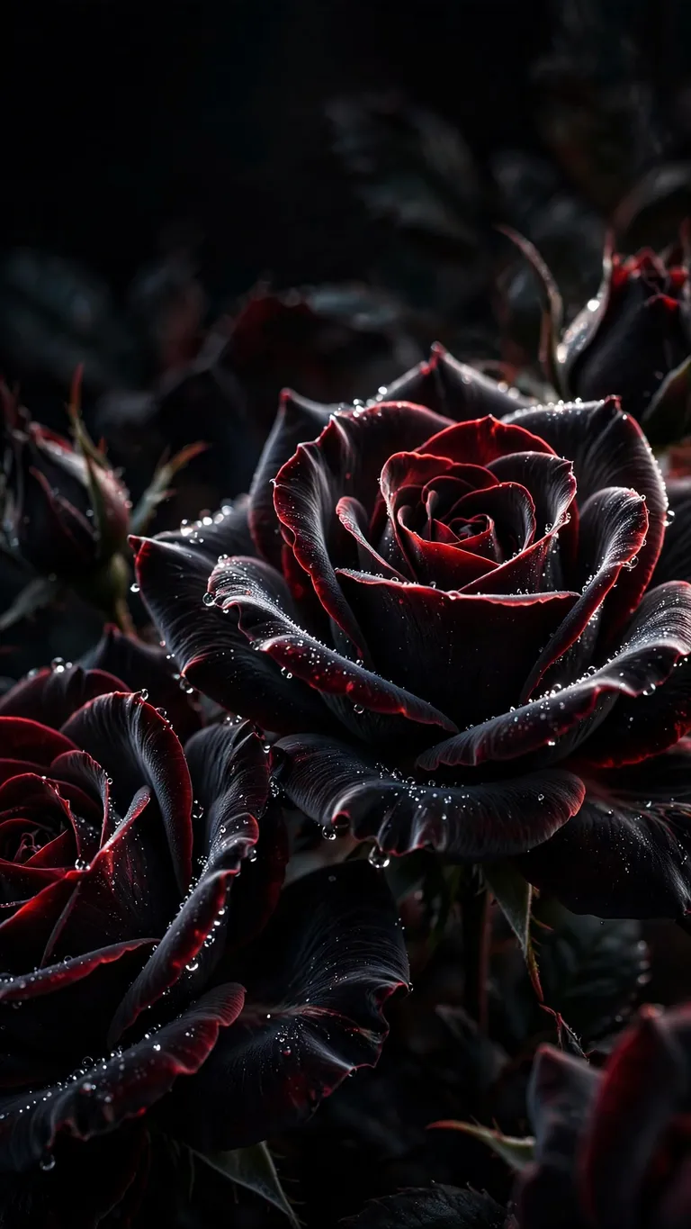 Black velvet roses with dew drops silver rim light and crimson petal edges, vertical abstract wallpaper