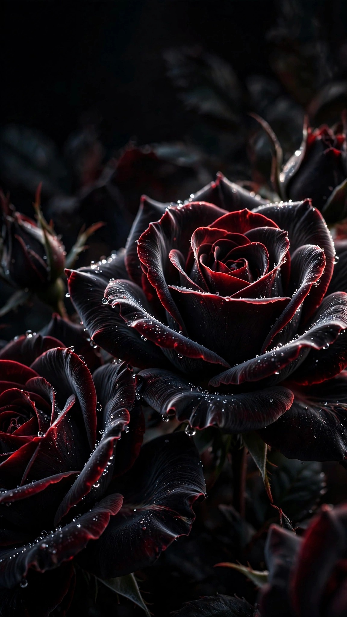 Black velvet roses with dew drops silver rim light and crimson petal edges, vertical abstract wallpaper