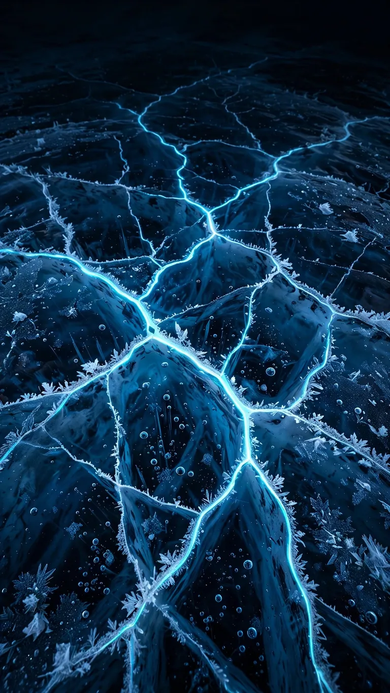 Glowing cyan fracture cracks in deep blue glacier ice with frost crystals, vertical abstract wallpaper