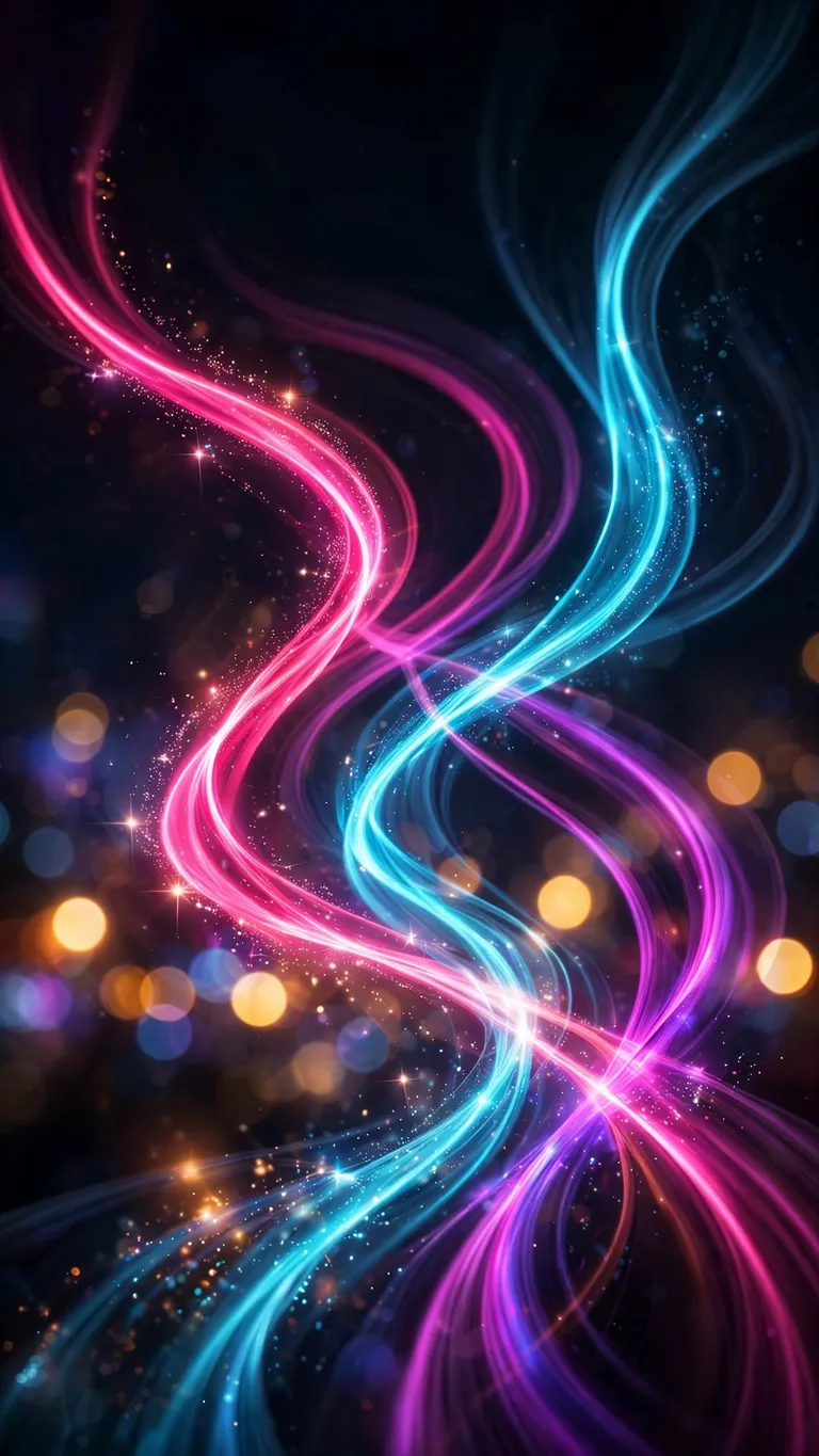 Pink cyan magenta light trails curving through black night with city bokeh, vertical abstract wallpaper