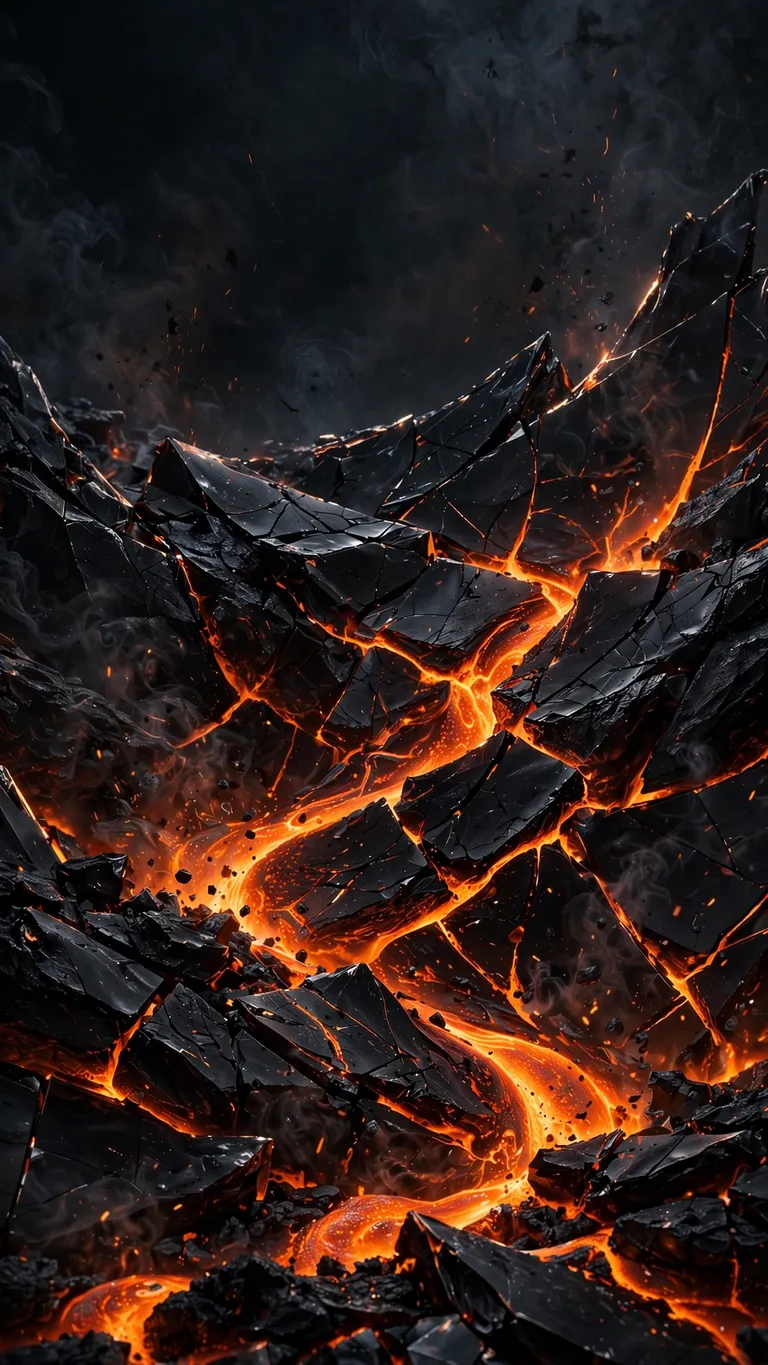 Molten lava veins glowing in black obsidian glass with rising embers, vertical abstract wallpaper