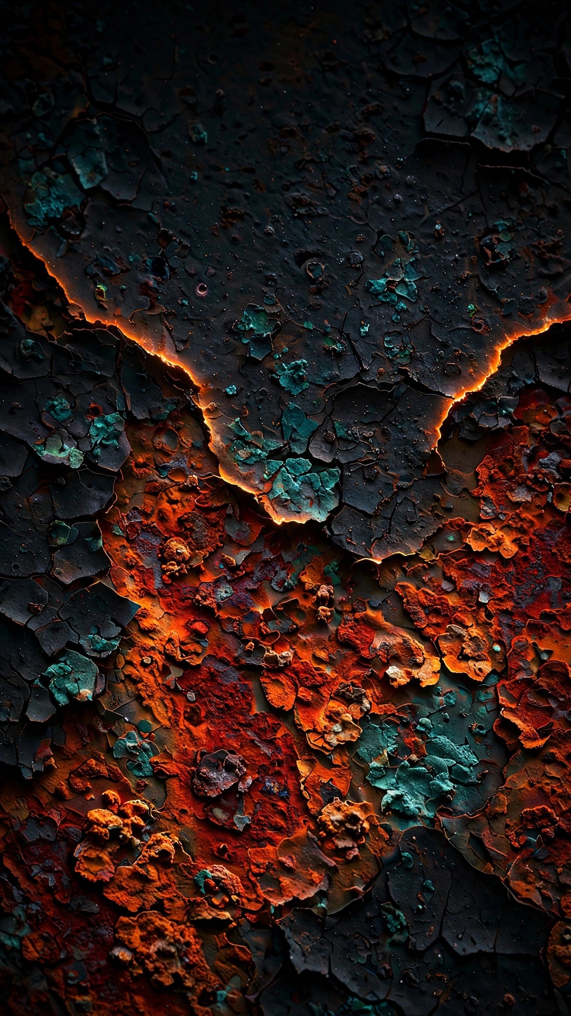Vivid orange crimson rust corrosion with teal oxidized accents on dark steel, vertical abstract wallpaper