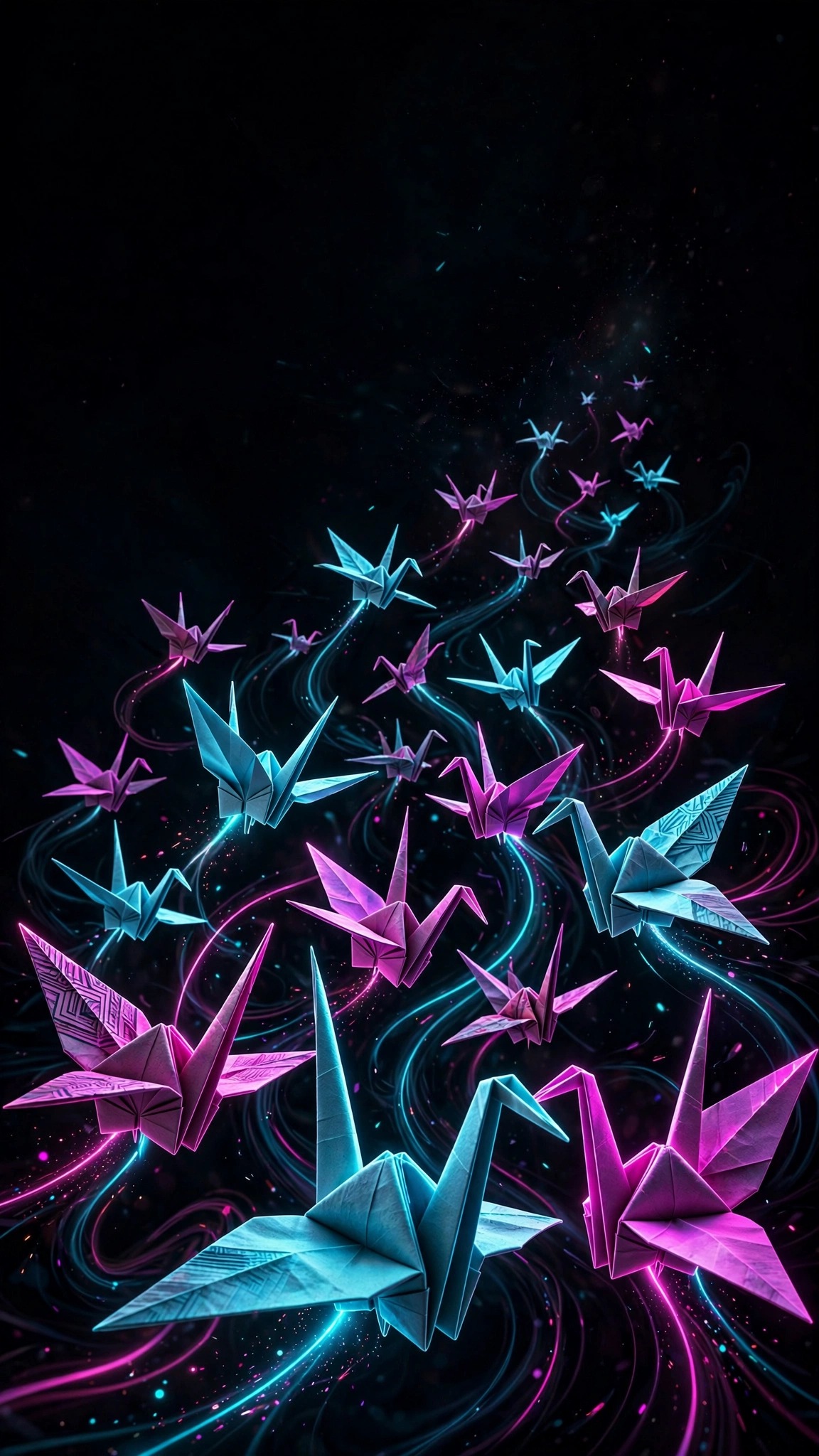 Neon origami cranes with cyan and magenta wings in darkness, abstract wallpaper