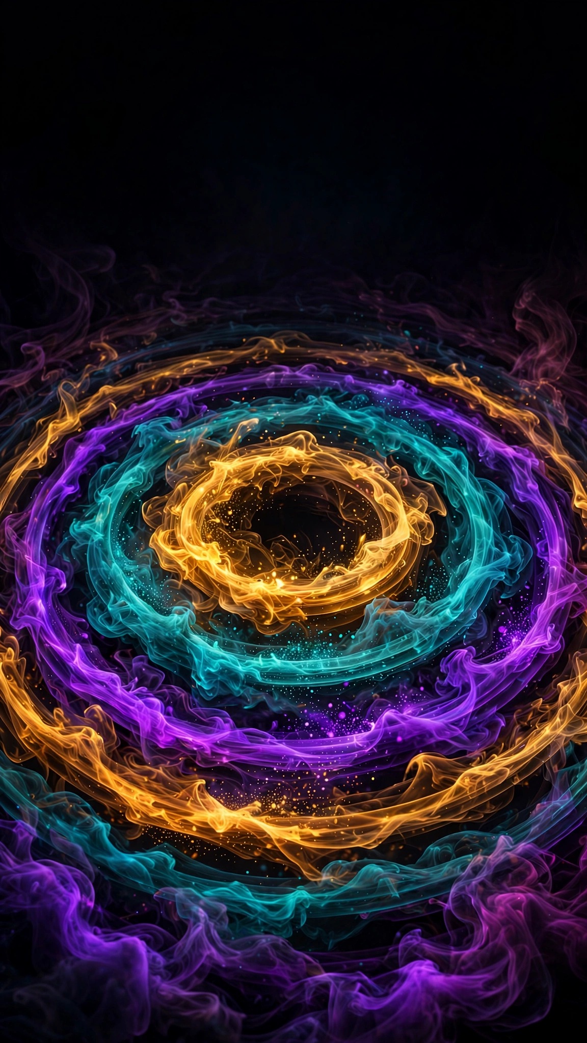 Neon smoke rings in purple teal and gold on black, abstract wallpaper
