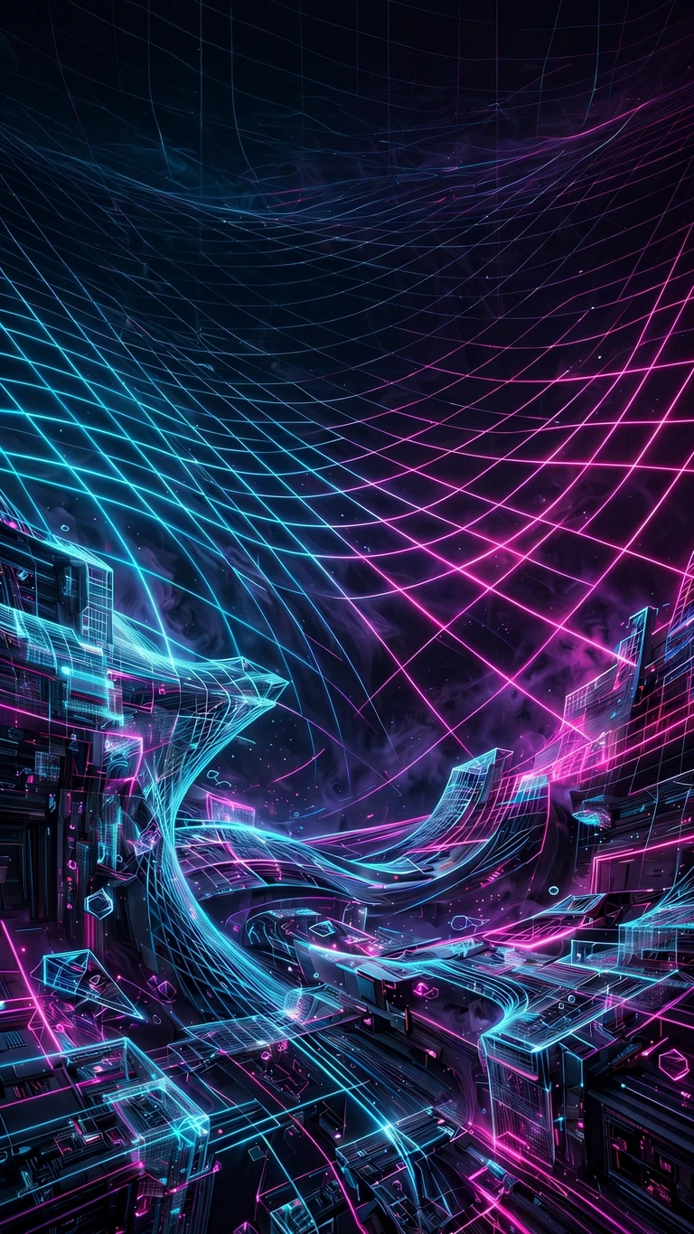 Neon City Grid Warp, vertical abstract phone wallpaper