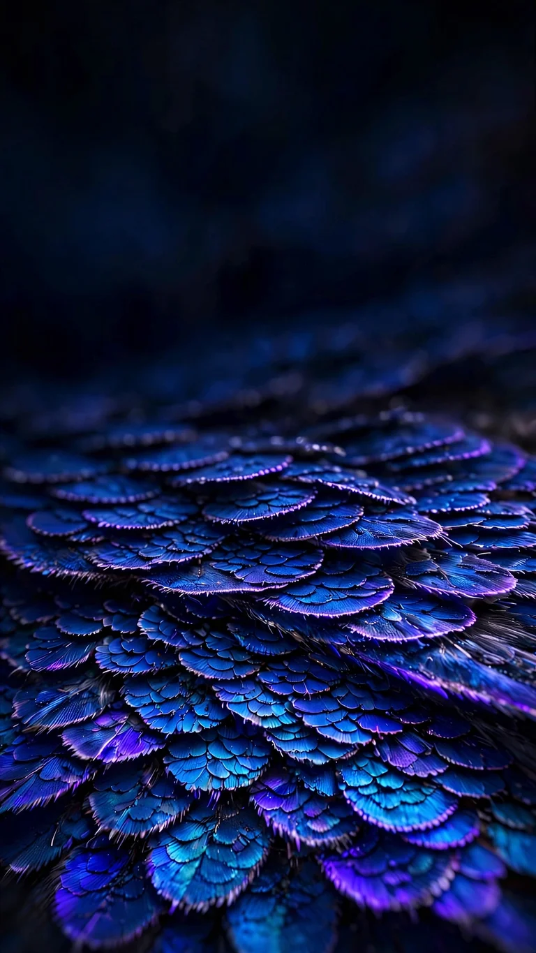 Electric blue butterfly wing scales macro with cobalt and violet shimmer, vertical abstract wallpaper