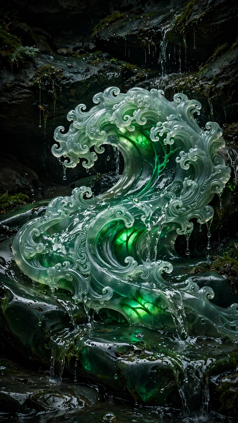Carved translucent jade wave sculpture with water flowing over green stone, vertical abstract wallpaper