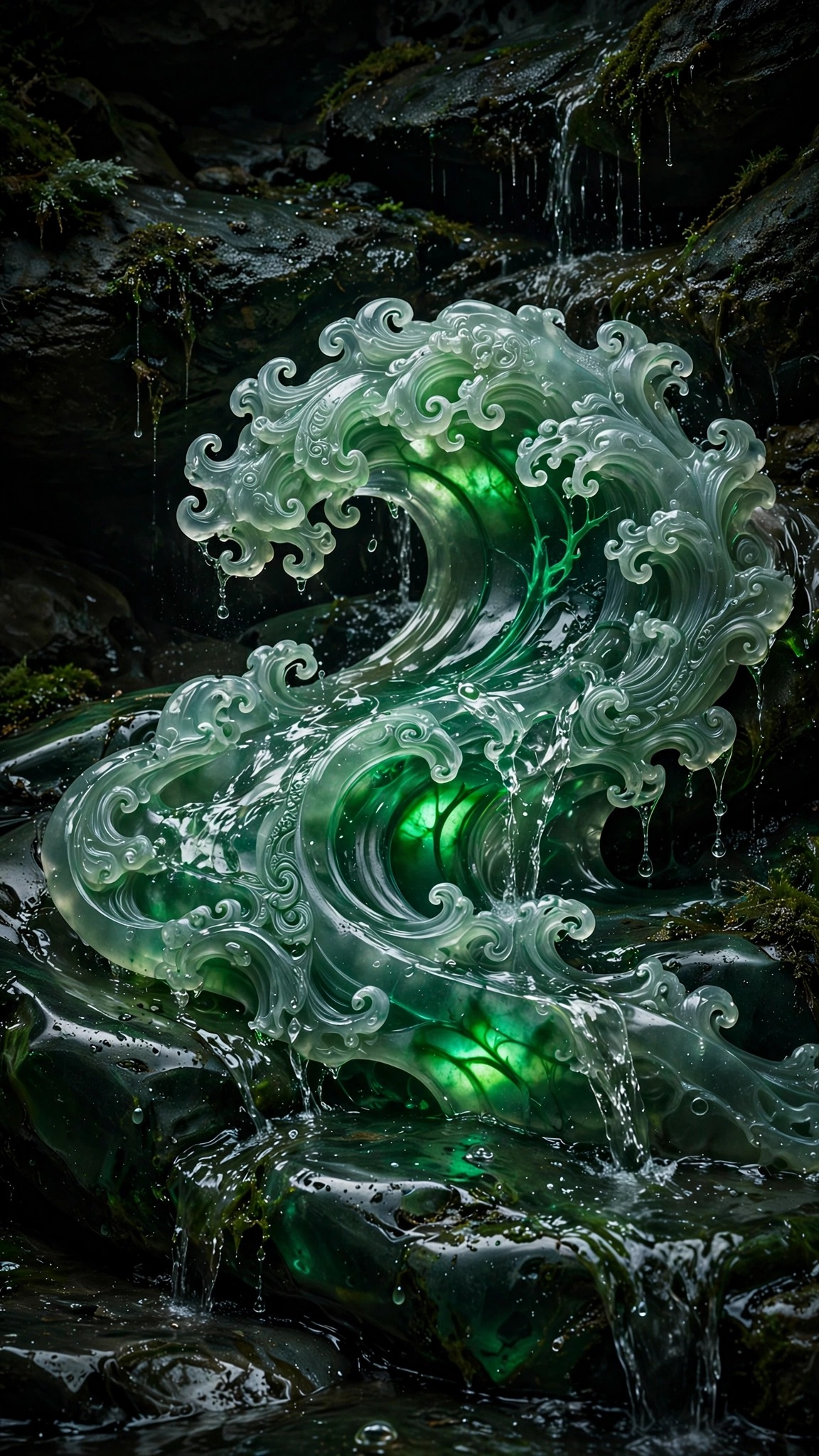Carved translucent jade wave sculpture with water flowing over green stone, vertical abstract wallpaper