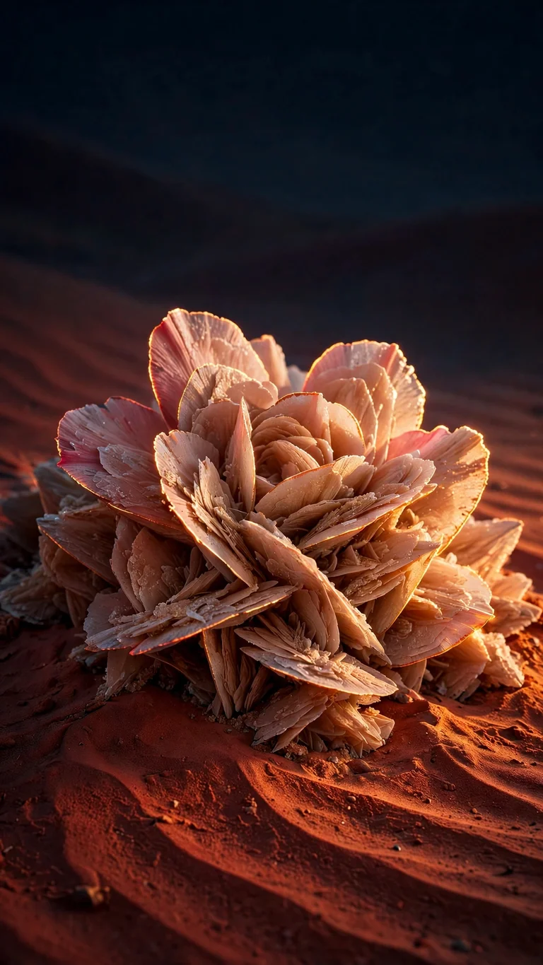 Desert rose gypsum crystal cluster on crimson sand at golden hour, vertical abstract wallpaper
