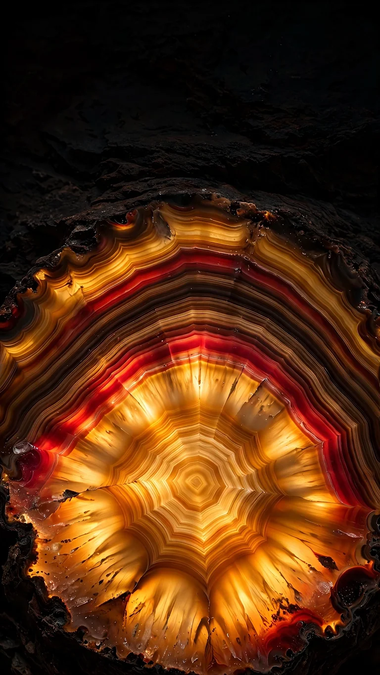Polished banded agate glowing from within with amber and ruby bands, vertical abstract wallpaper