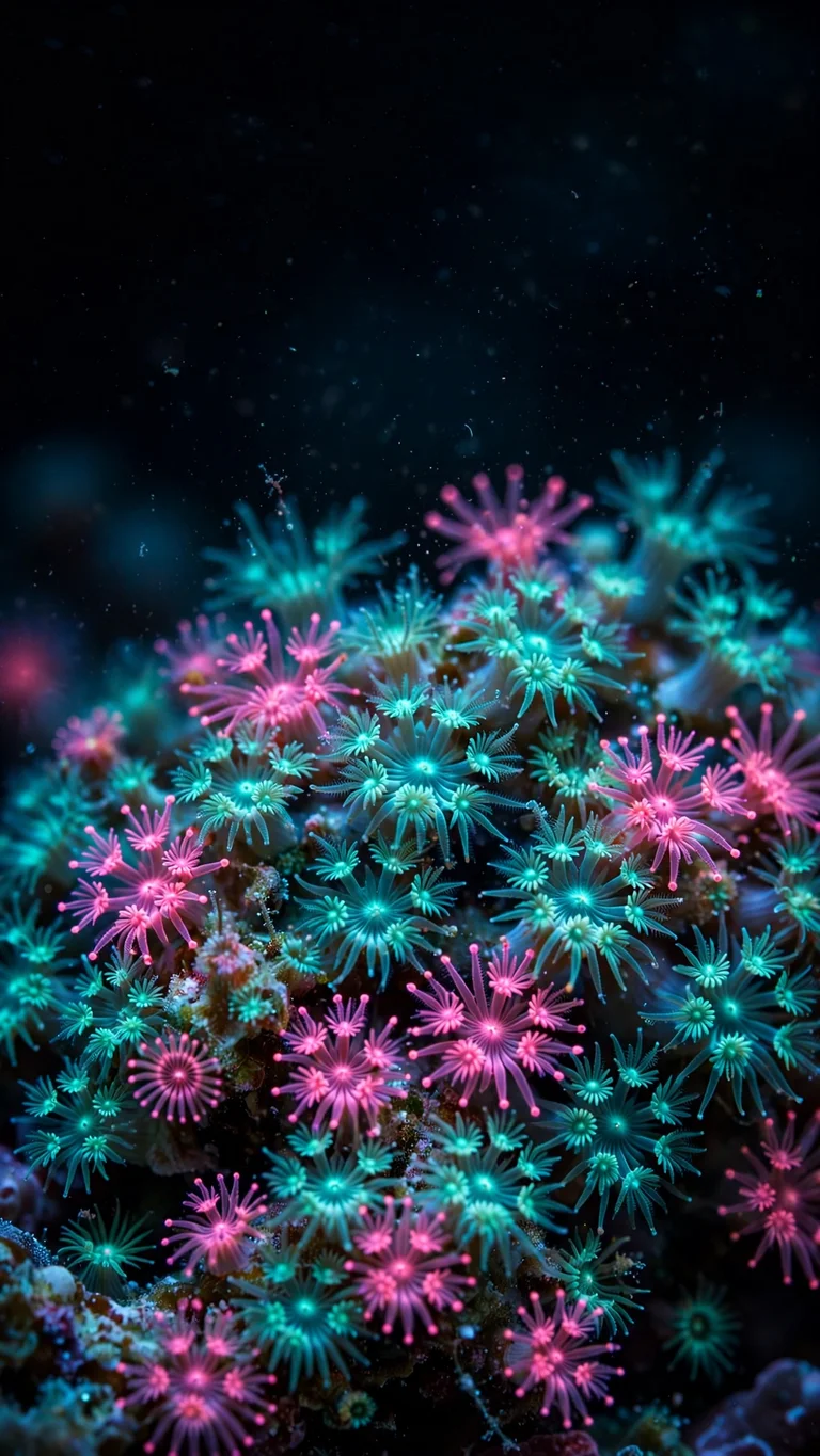 Fluorescent coral polyps glowing teal and pink in dark water, vertical abstract wallpaper