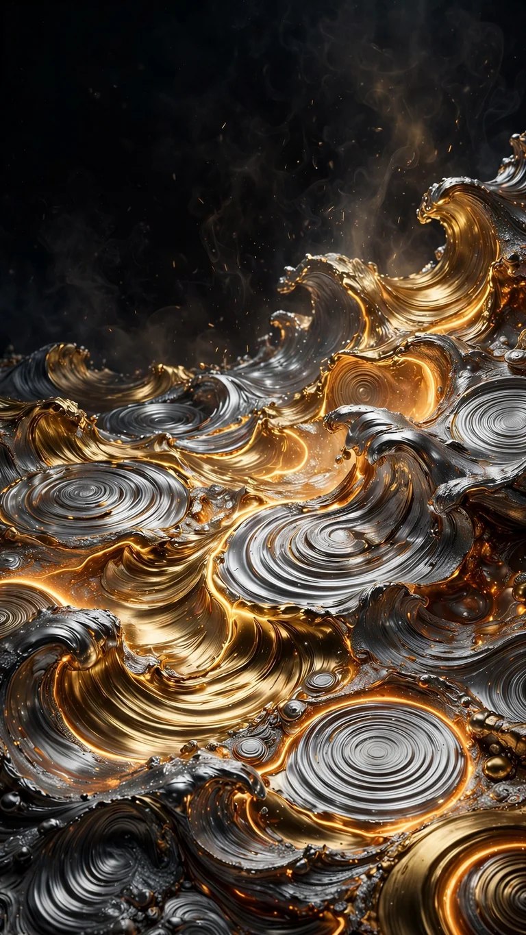 Molten silver and gold metal frozen into rippled discs and waves, vertical abstract wallpaper