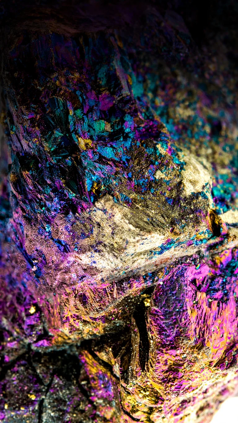 Bornite peacock ore mineral with rainbow iridescent patina, vertical abstract wallpaper
