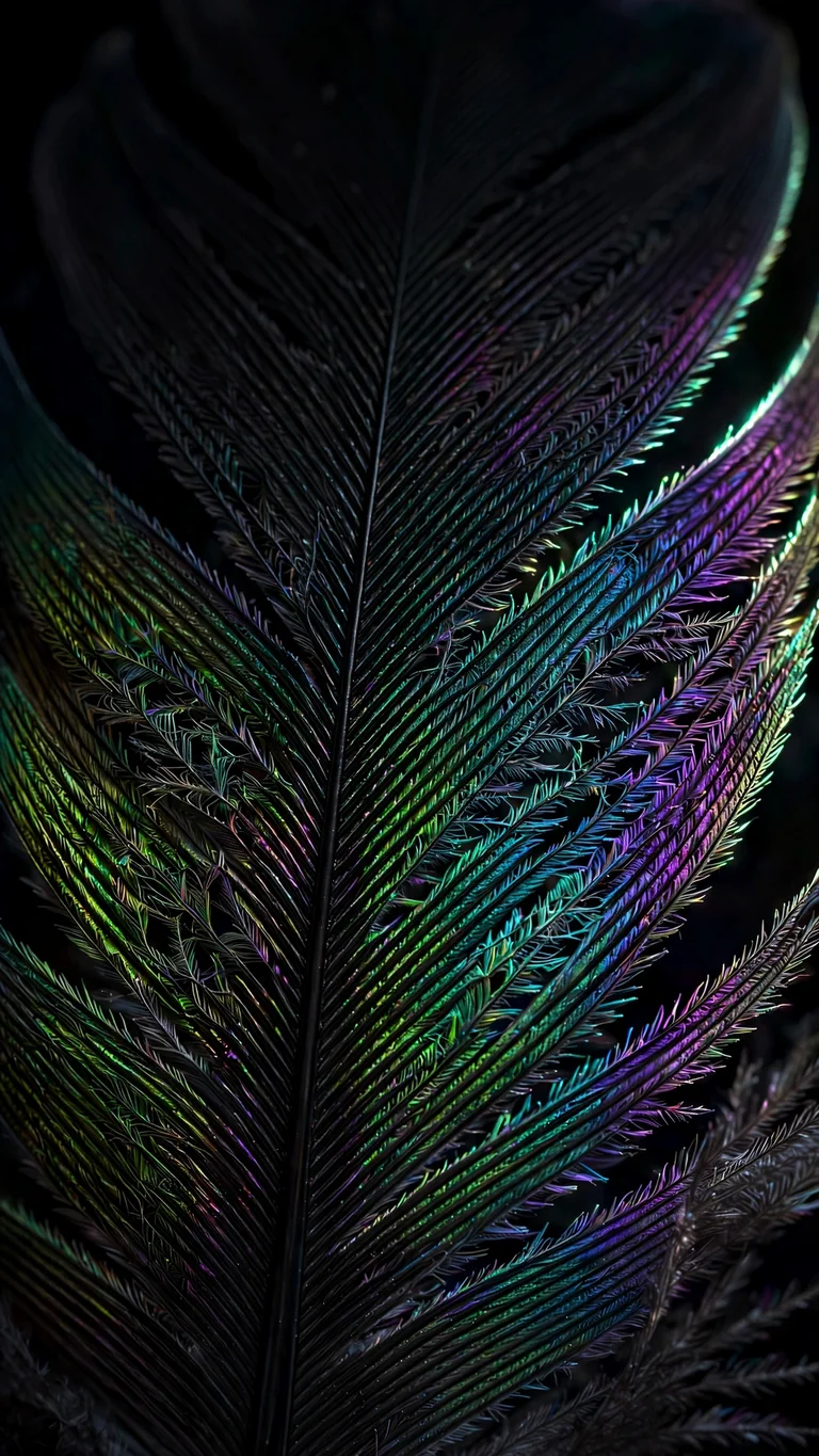 Iridescent raven feather macro with oil-sheen green and violet shimmer, vertical abstract wallpaper