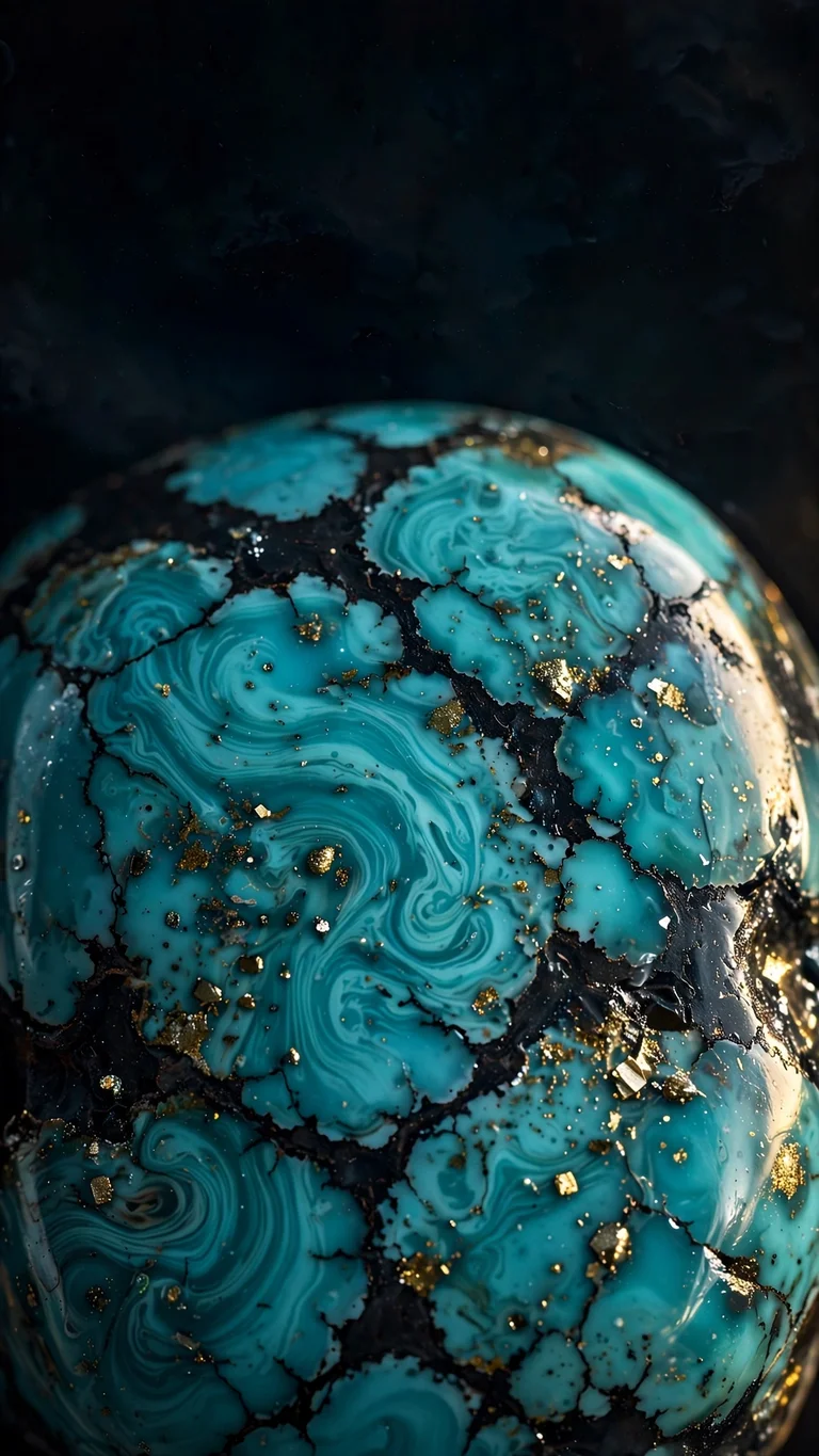 Turquoise gemstone macro with black veins and golden pyrite sparkles, vertical abstract wallpaper