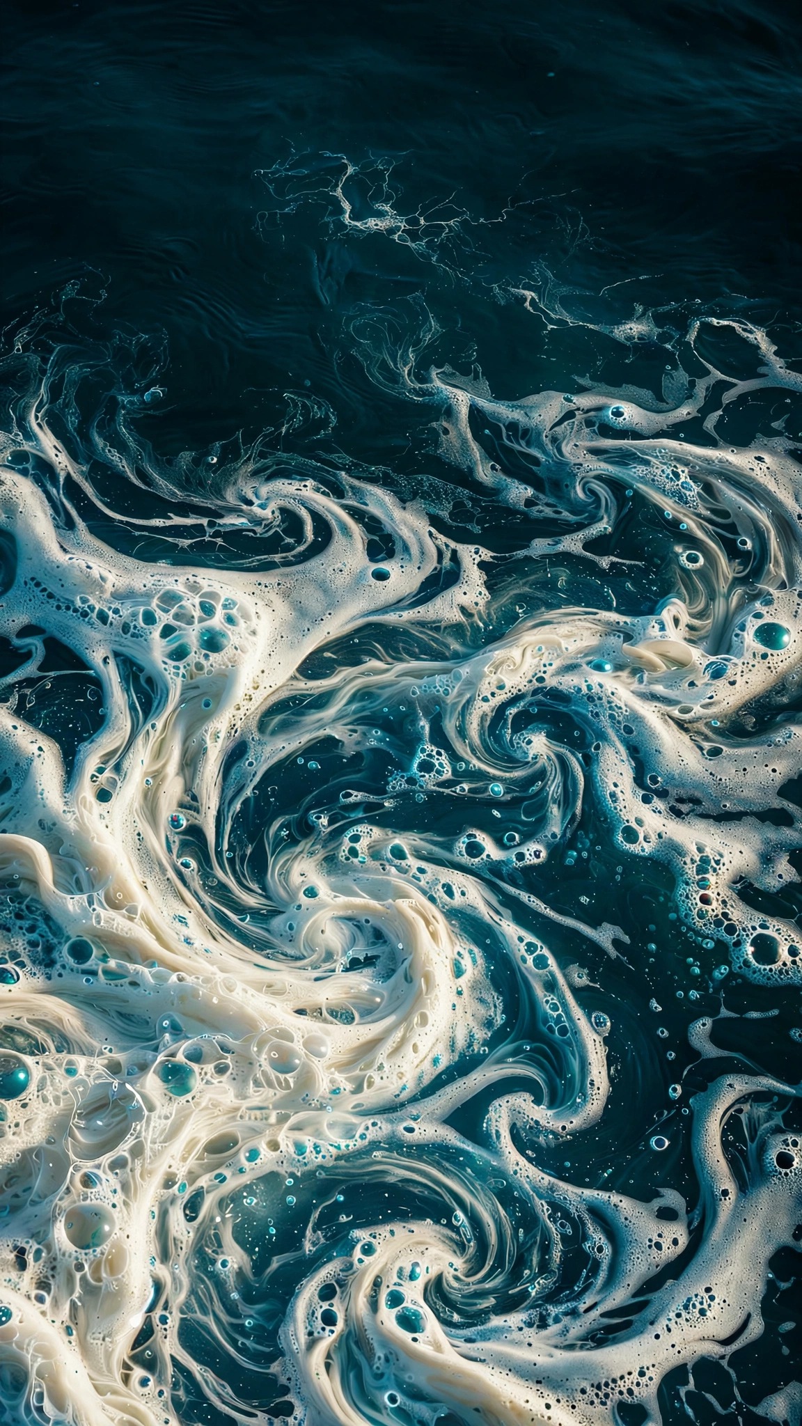 Ivory sea-foam lace swirling over deep teal water in macro, vertical abstract wallpaper