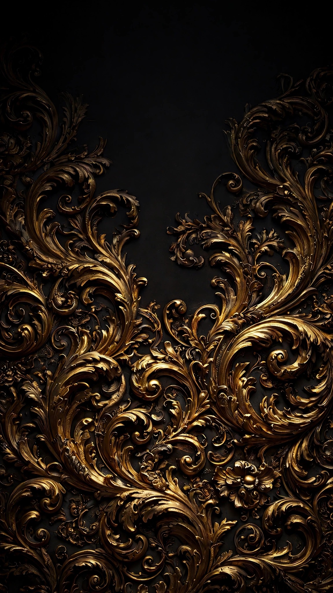 Ornate gilded baroque gold acanthus ornament on near-black background, vertical abstract wallpaper