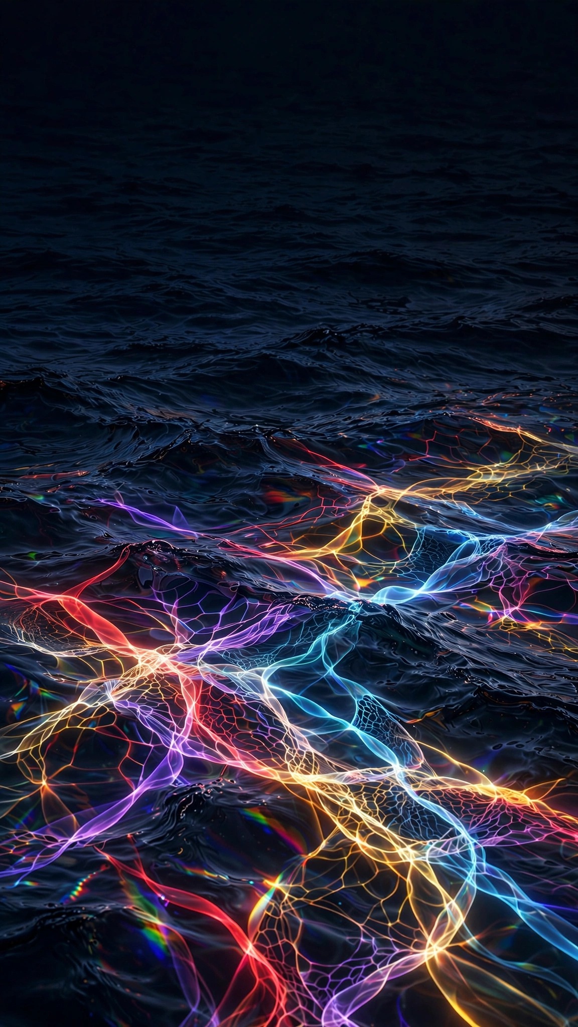 Rainbow prism caustic light ribbons over dark rippled night water, vertical abstract wallpaper