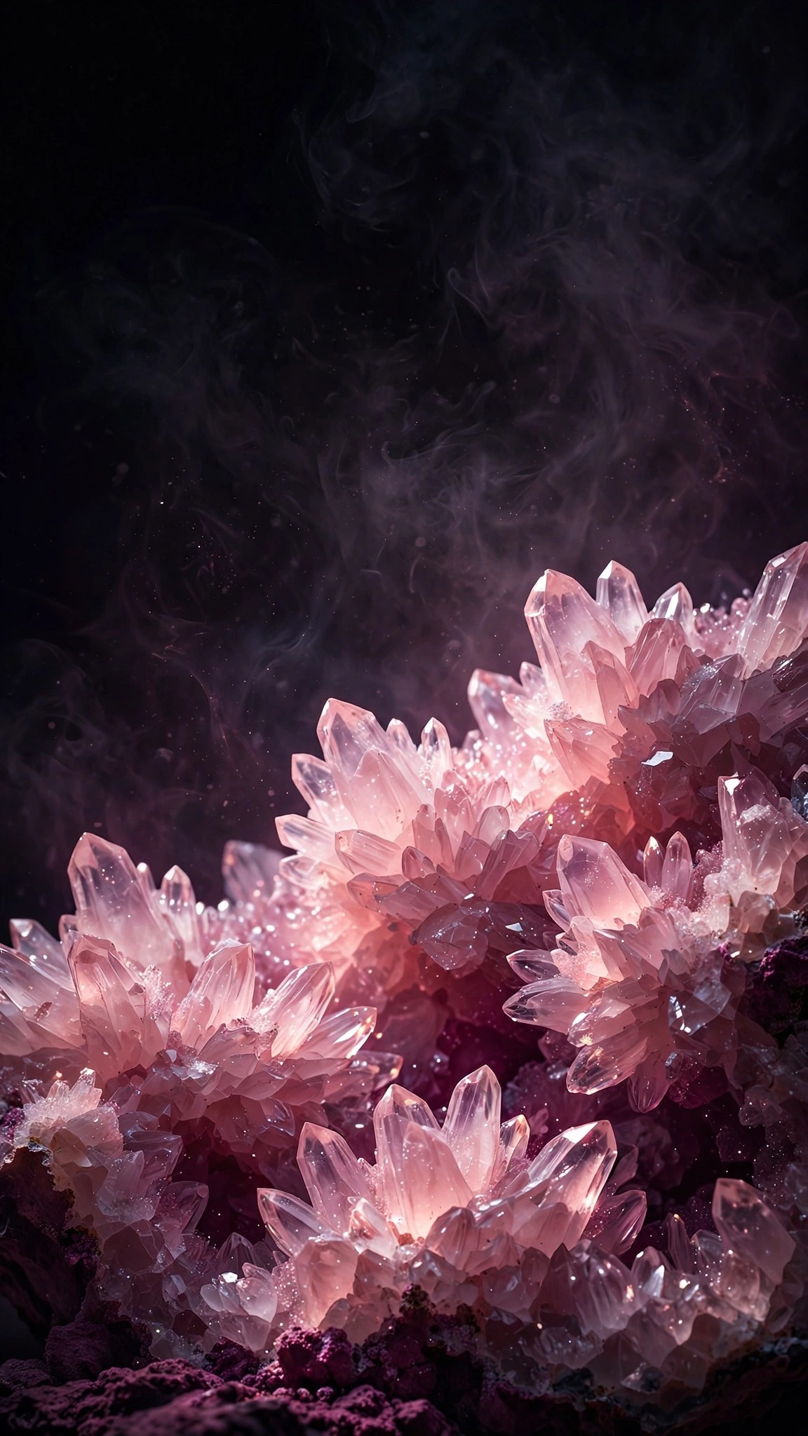 Glowing rose quartz geode crystal cluster with pink translucent crystal points, vertical abstract wallpaper