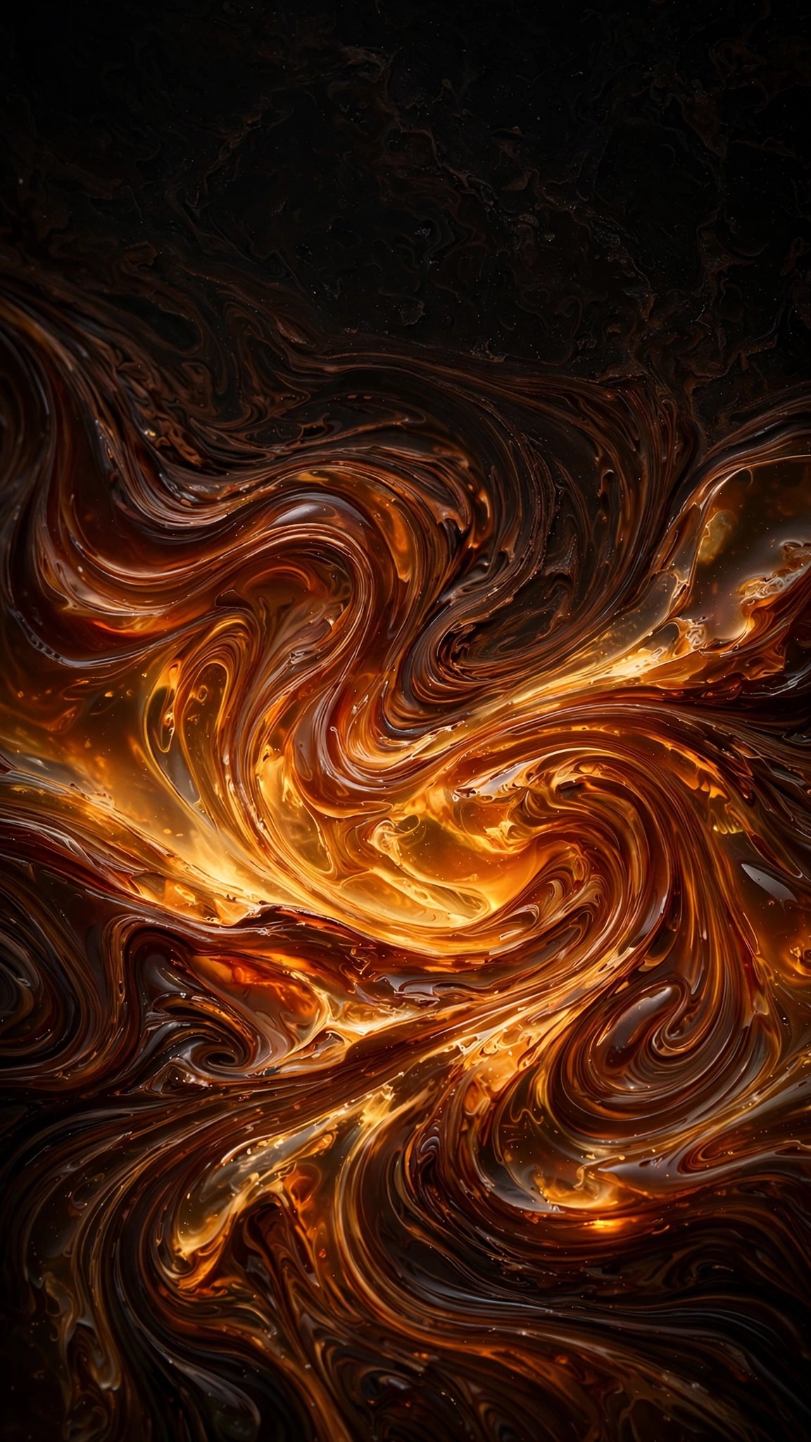 Swirling amber and cognac tortoiseshell marble patterns with glowing warm highlights, abstract wallpaper