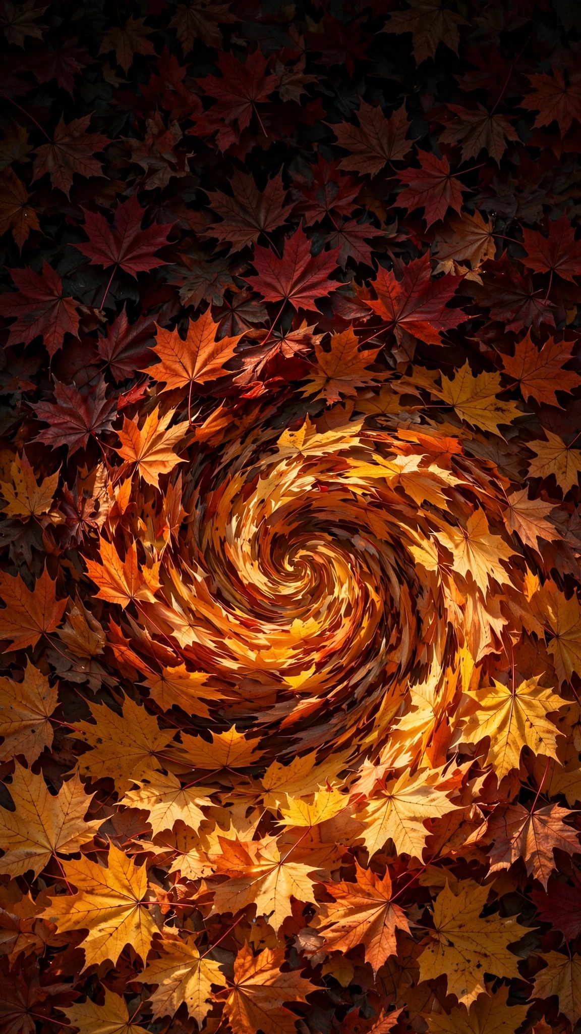 Swirling autumn maple leaf vortex in crimson orange gold, vertical abstract wallpaper
