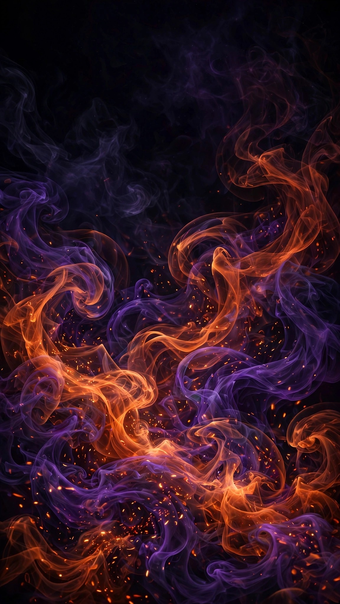 Orange violet smoke swirls with glowing ember sparks on black, vertical Halloween abstract wallpaper